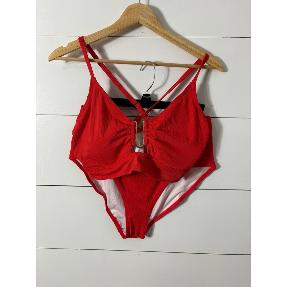 Charmo Red‎ Ribbed Bikini Set Size Large UPF 50+ High Waist Swimsuit Two Piece
